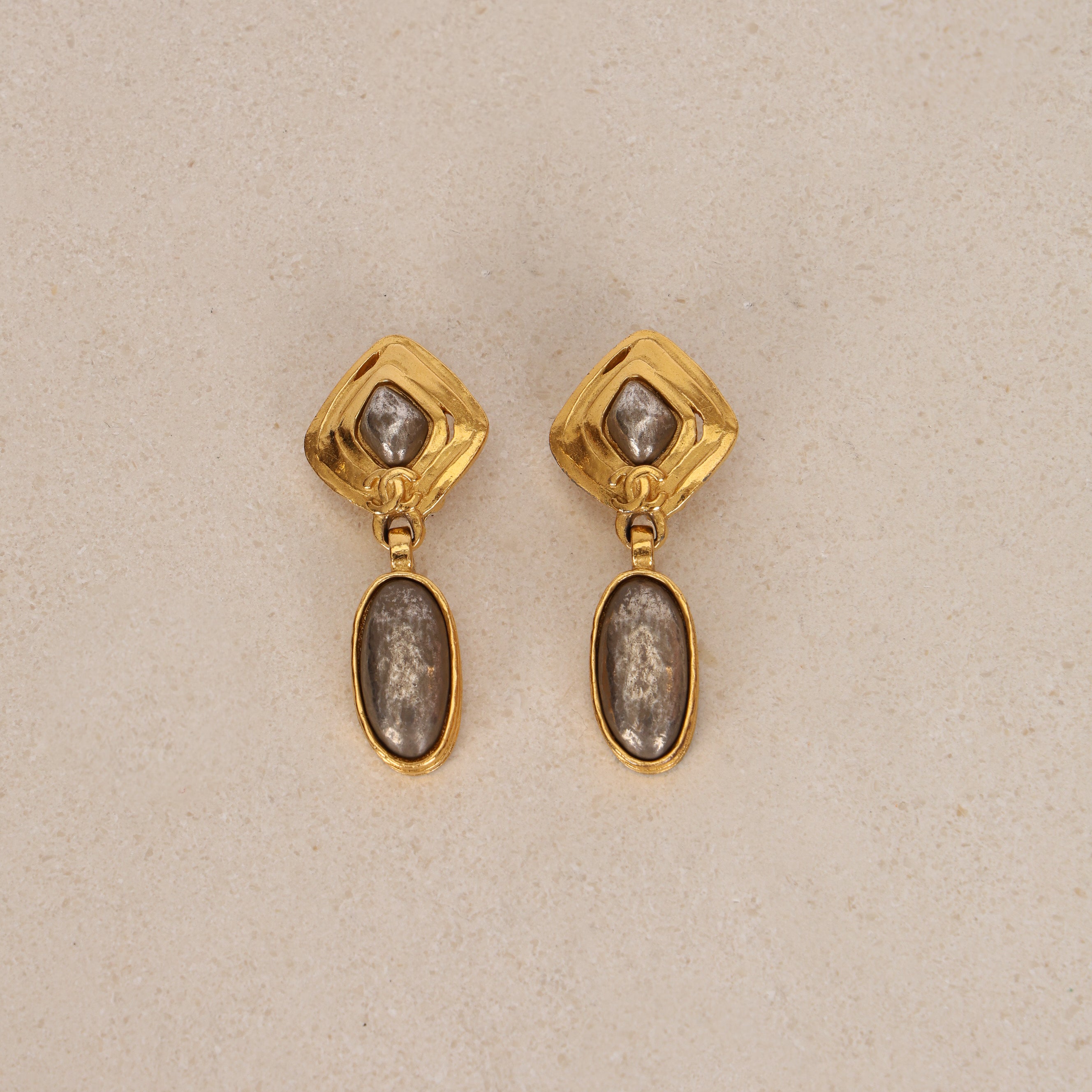 Chanel 1997 CC Deco Drop Clip-On Earrings 24K GP