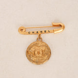 Chanel 1994 Logo Safety Pin and Medallion Brooch 24K GP
