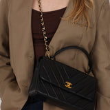 Chanel 2000s Black Lambskin Chevron Top Handle Flap 24K GP