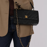 Chanel 2000s Black Lambskin Chevron Top Handle Flap 24K GP