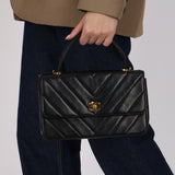 Chanel 2000s Black Lambskin Chevron Top Handle Flap 24K GP