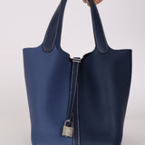 Hermès 2021 Casaque Bleu Sapphire and Bleu Brighton Clemence Picotin Lock 22 PHW