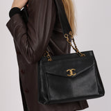 Chanel Front Pocket Turnlock Tote Black Caviar 1995 24K GP