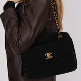 Chanel Front Pocket Shoulder Bag Black Jersey 1994 24K GP