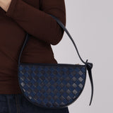 Limited Edition Bottega Veneta Blue Abyss Denim and Leather Intrecciato Mini Sunrise Shoulder Bag