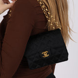 Rare Chanel Mini Square Flap Bijoux Chain Black Satin 1994 24K GP