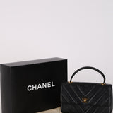 Chanel 2000s Black Lambskin Chevron Top Handle Flap 24K GP