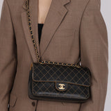 Rare Chanel 17B Black Calfskin Wild Stitch Double Flap
