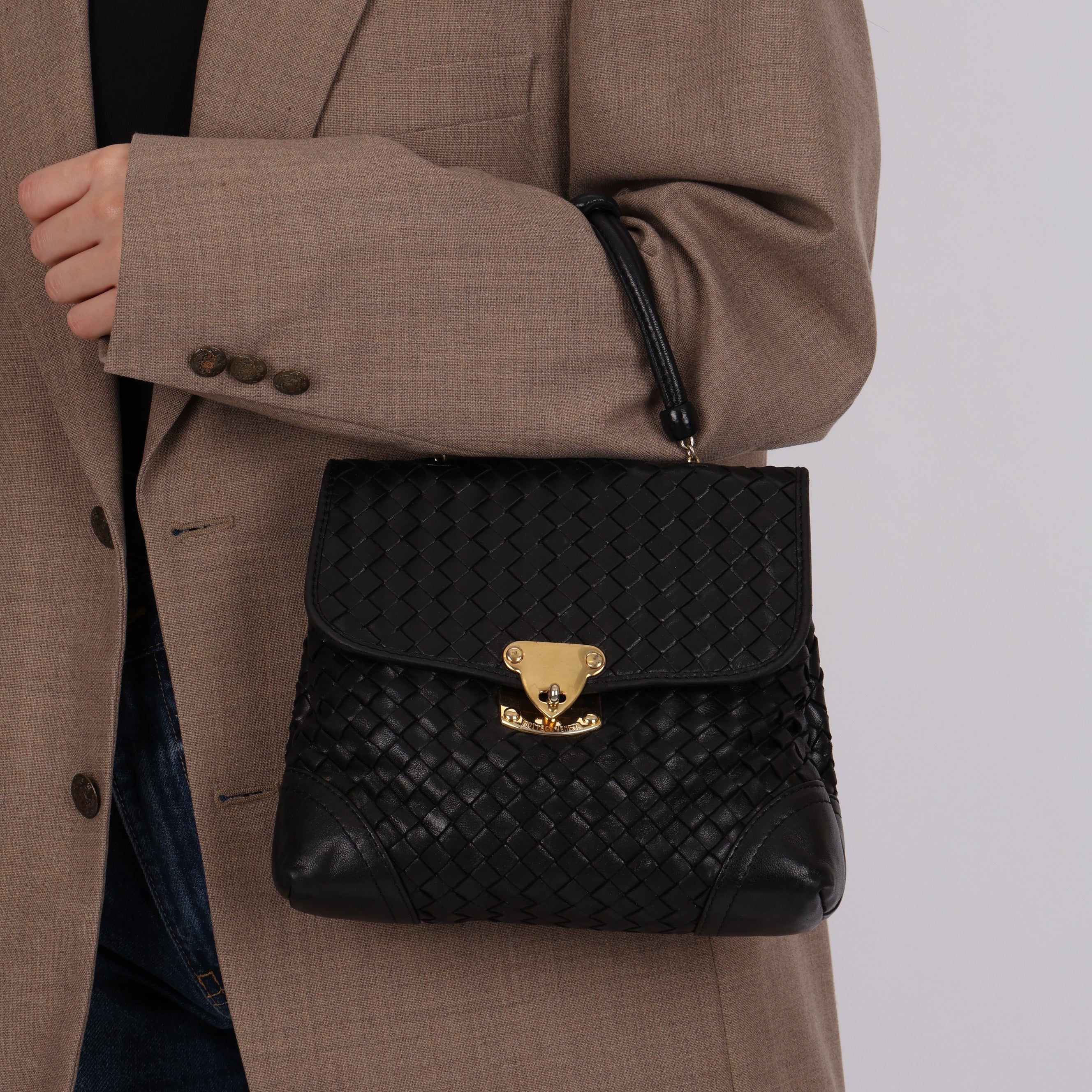Bottega Veneta Black Lambskin Intrecciato Push-Lock Kelly