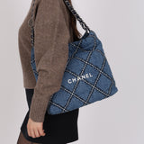 Chanel 2023 Denim Quilted Stitched Small 22 Shoulder Bag