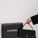 Rare Chanel 2005 Black Lambskin Chain Top Handle Small Classic Flap Bag 24K GP