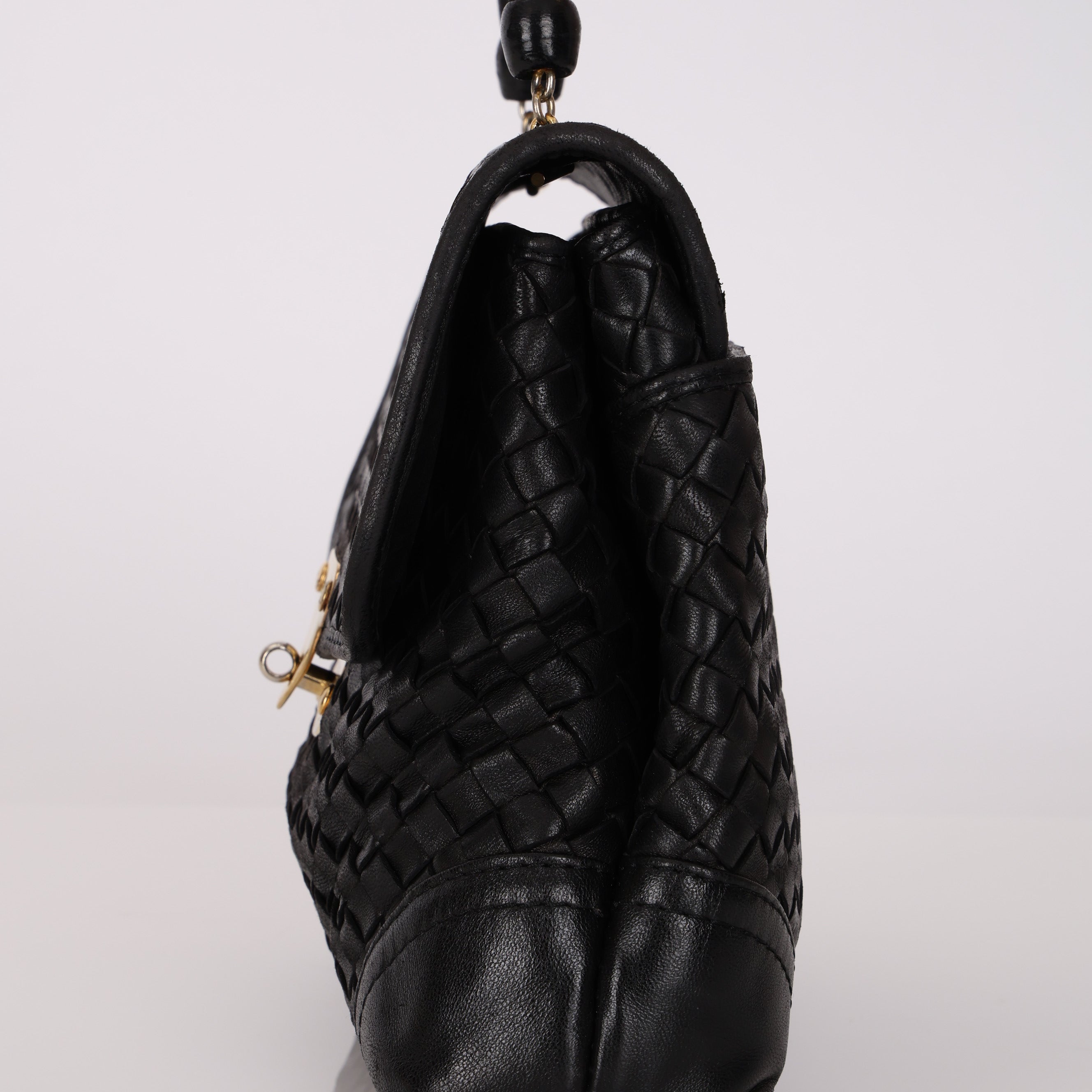 Bottega Veneta Black Lambskin Intrecciato Push-Lock Kelly