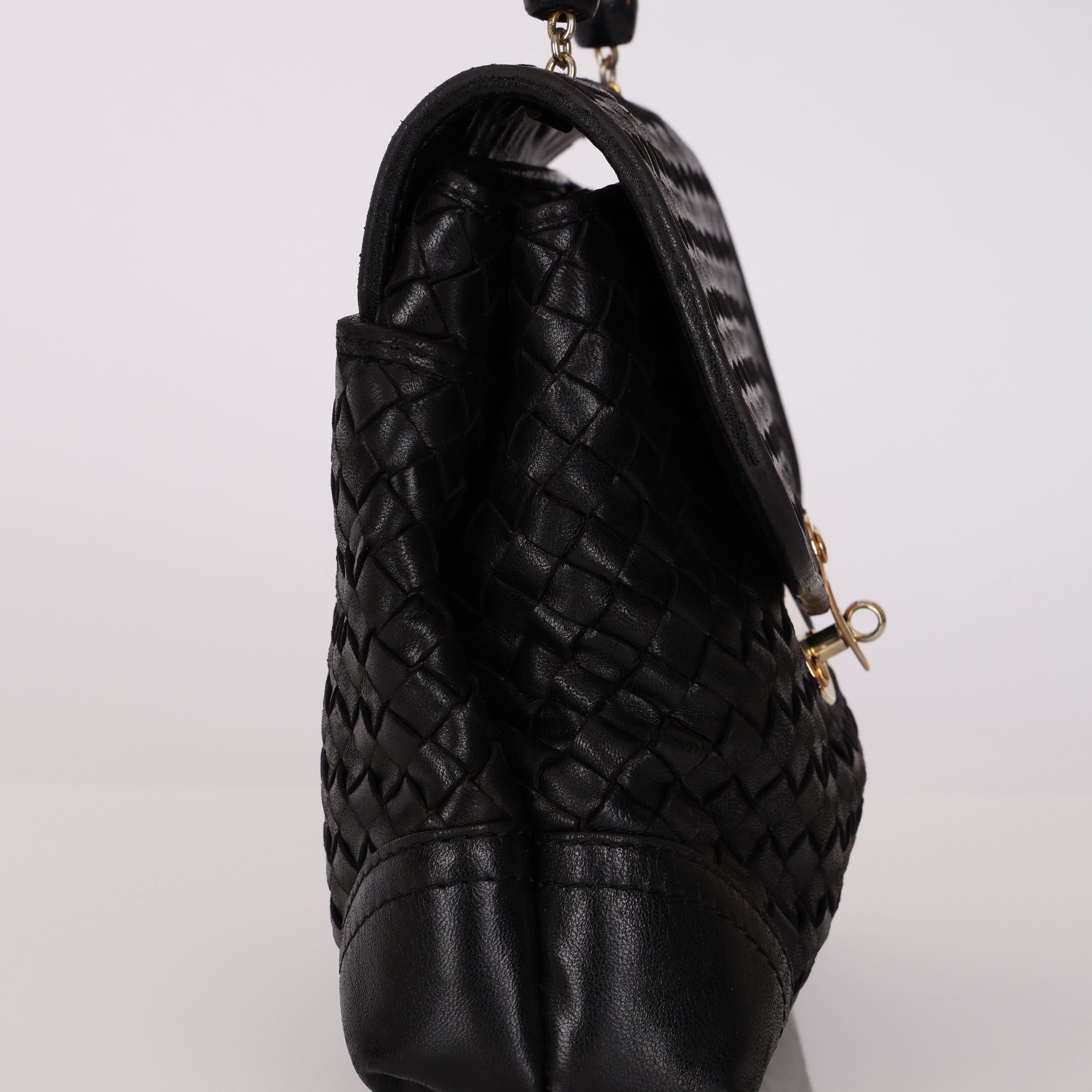Bottega Veneta Black Lambskin Intrecciato Push-Lock Kelly