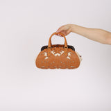 Rare Gucci Tan Lasercut-Leather Studded Bamboo Frame Bag