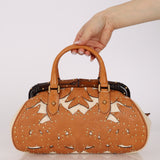 Rare Gucci Tan Lasercut-Leather Studded Bamboo Frame Bag