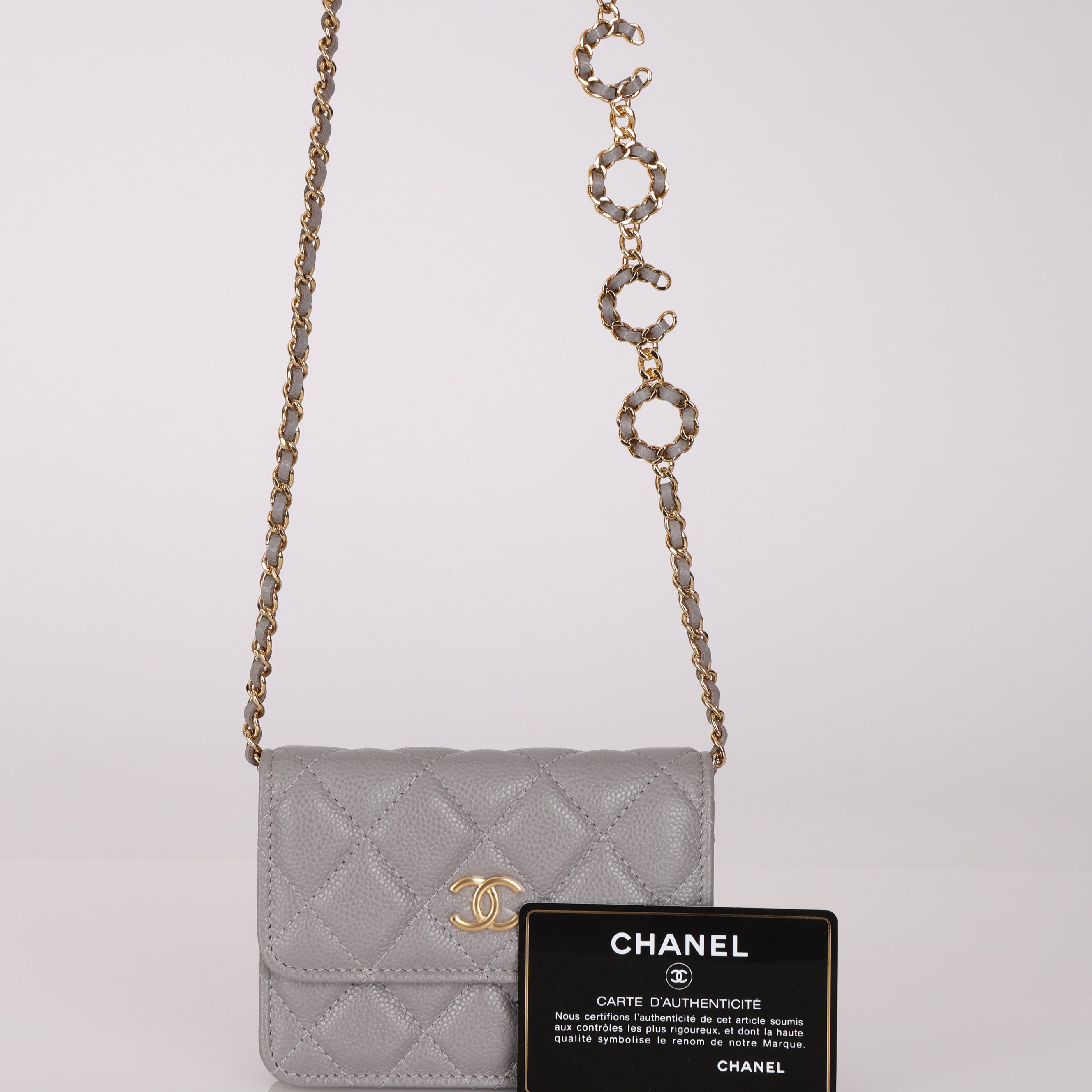 Chanel 2021 Grey Caviar Miss Coco Cardholder on Chain