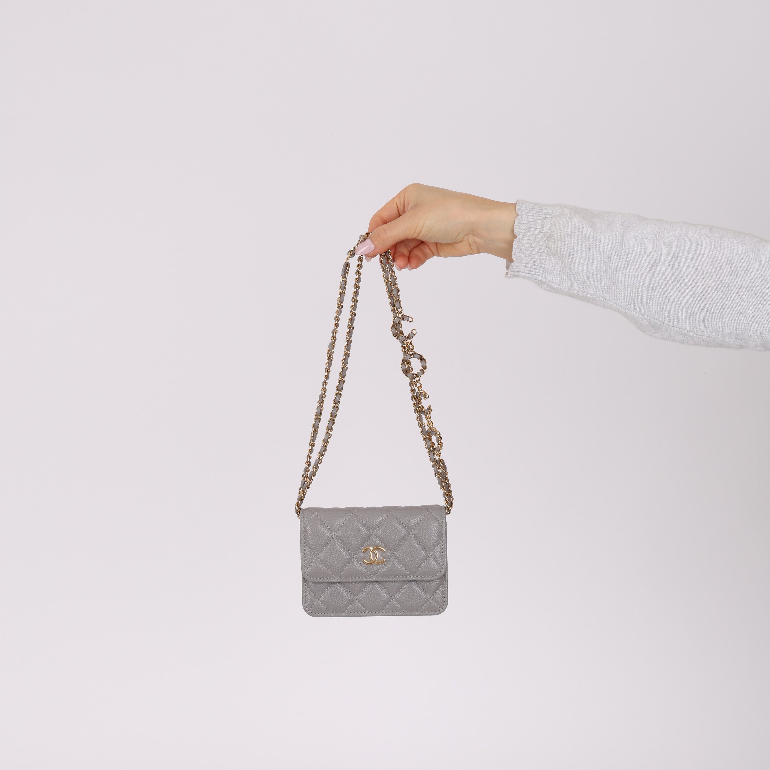 Chanel 2021 Grey Caviar Miss Coco Cardholder on Chain
