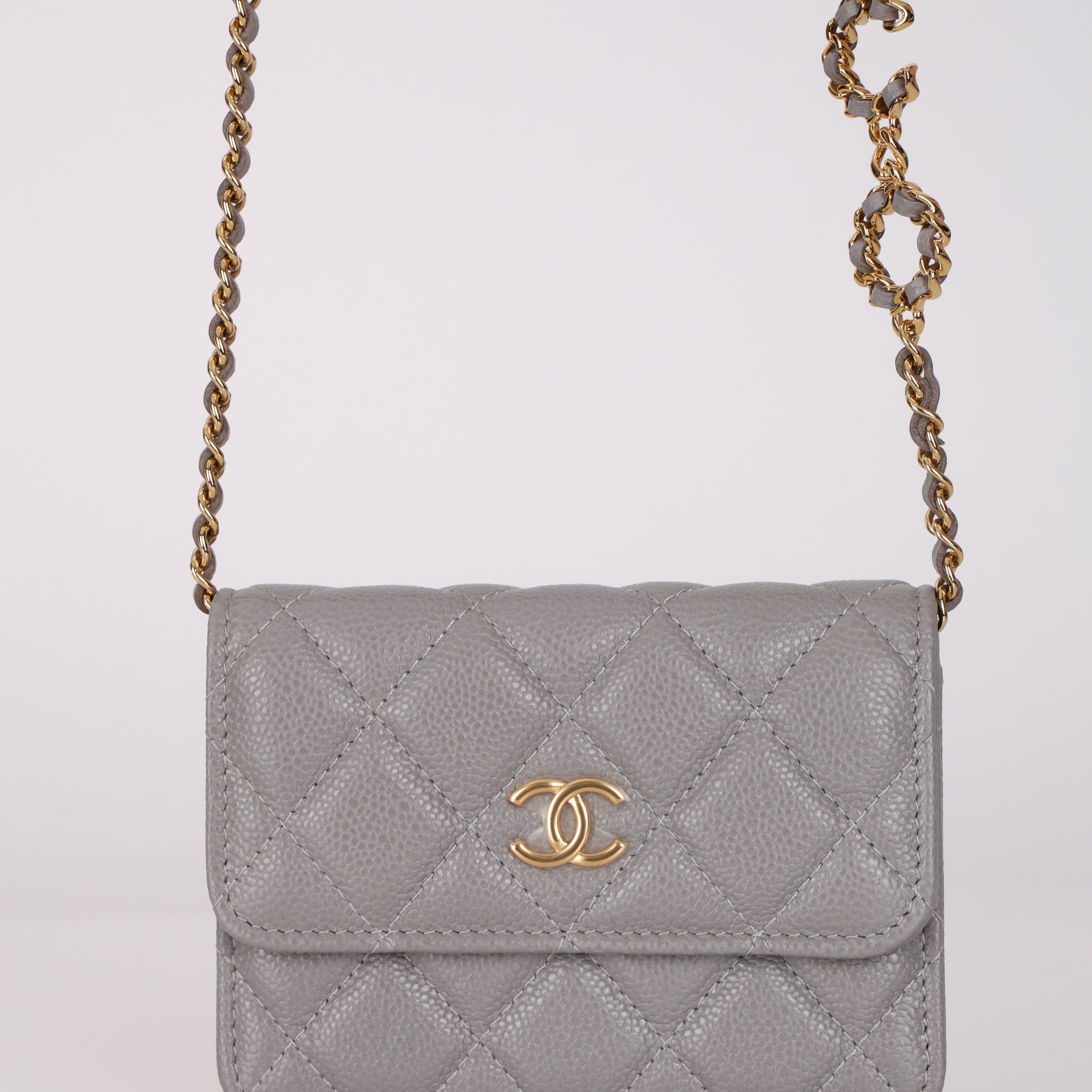Chanel 2021 Grey Caviar Miss Coco Cardholder on Chain