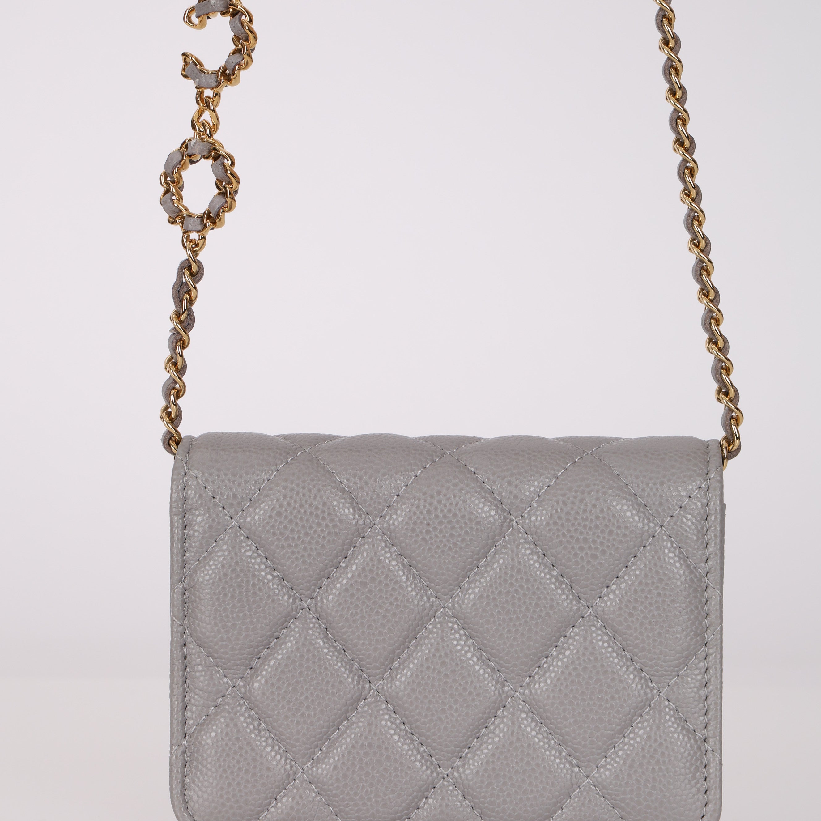 Chanel 2021 Grey Caviar Miss Coco Cardholder on Chain