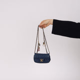 Rare Chanel 2009 Midnight Blue Quilted Lambskin Valentine Hearts Extra Mini Flap Bag