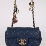 Rare Chanel 2009 Midnight Blue Quilted Lambskin Valentine Hearts Extra Mini Flap Bag