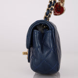 Rare Chanel 2009 Midnight Blue Quilted Lambskin Valentine Hearts Extra Mini Flap Bag
