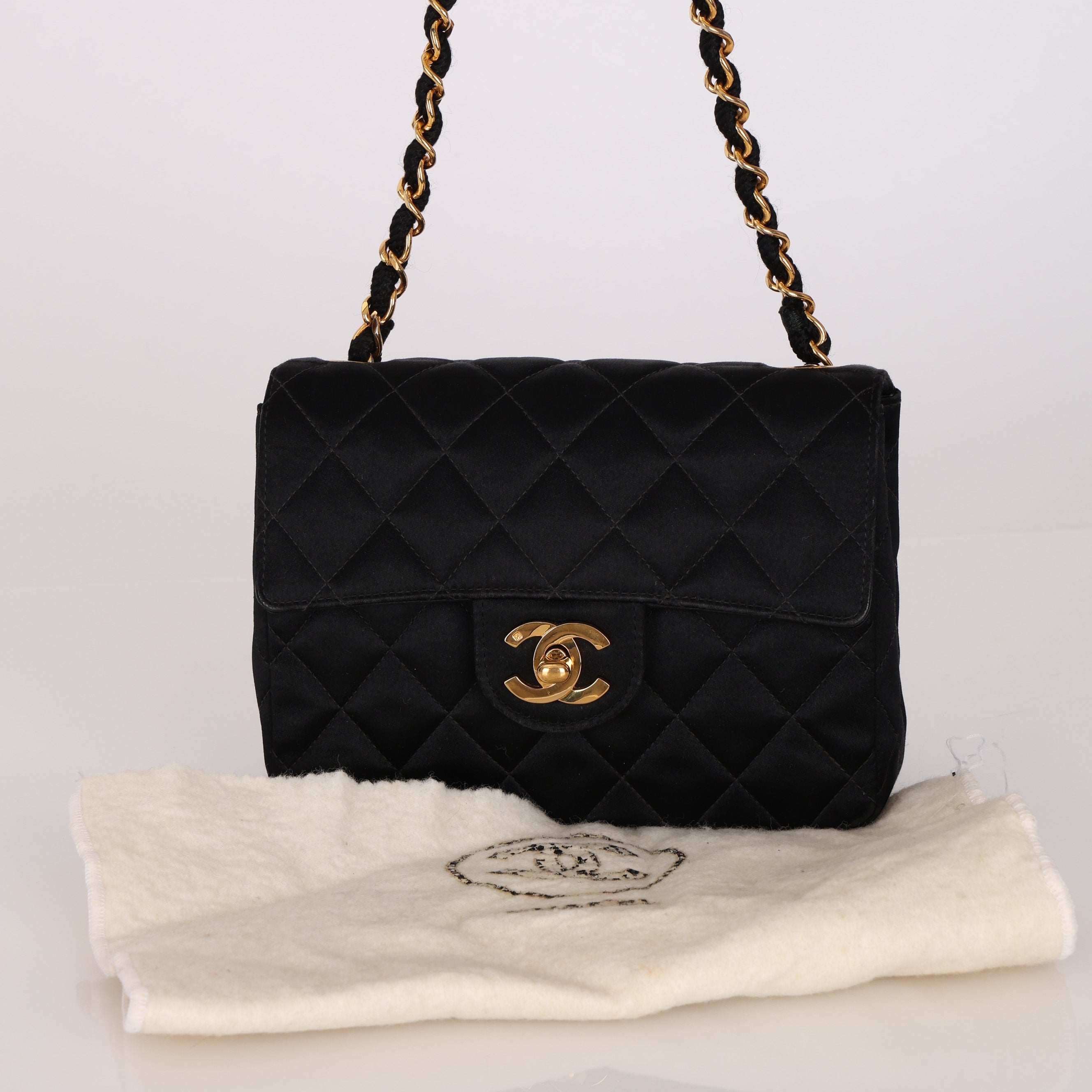 Chanel Turnlock Mini Square Flap Black Satin 1994 24K GP