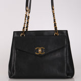 Chanel Front Pocket Turnlock Tote Black Caviar 1995 24K GP