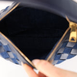 Limited Edition Bottega Veneta Blue Abyss Denim and Leather Intrecciato Mini Sunrise Shoulder Bag