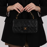 Rare Chanel 2005 Black Lambskin Chain Top Handle Small Classic Flap Bag 24K GP