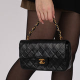 Rare Chanel 2005 Black Lambskin Chain Top Handle Small Classic Flap Bag 24K GP