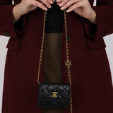 Chanel 2022 Black Lambskin Turnlock Pearl Crush Cardholder on Chain