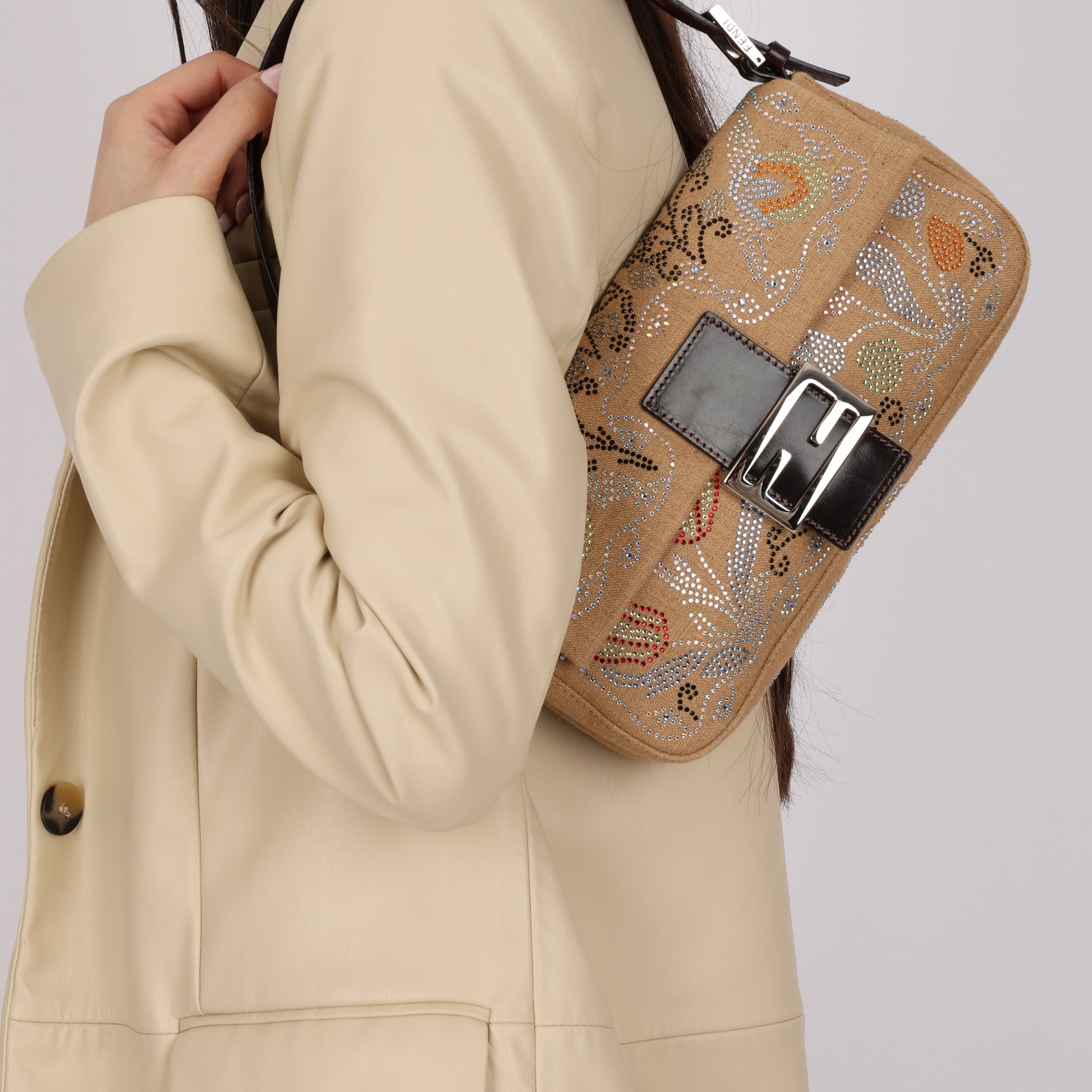 Rare Fendi Linen Swarovski Crystal Floral Baguette