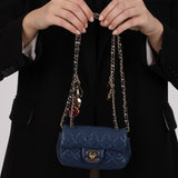 Rare Chanel 2009 Midnight Blue Quilted Lambskin Valentine Hearts Extra Mini Flap Bag