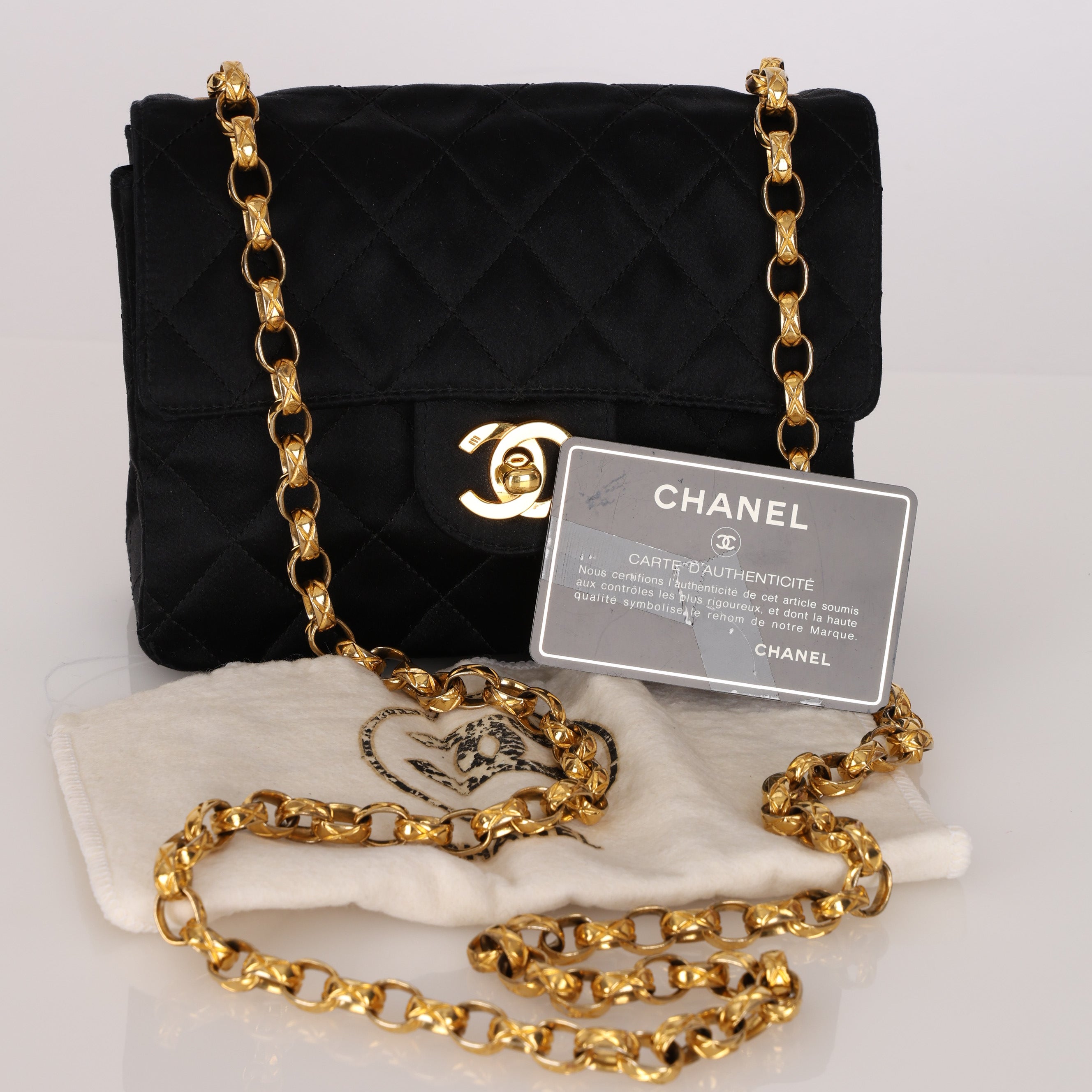 Rare Chanel Mini Square Flap Bijoux Chain Black Satin 1994 24K GP