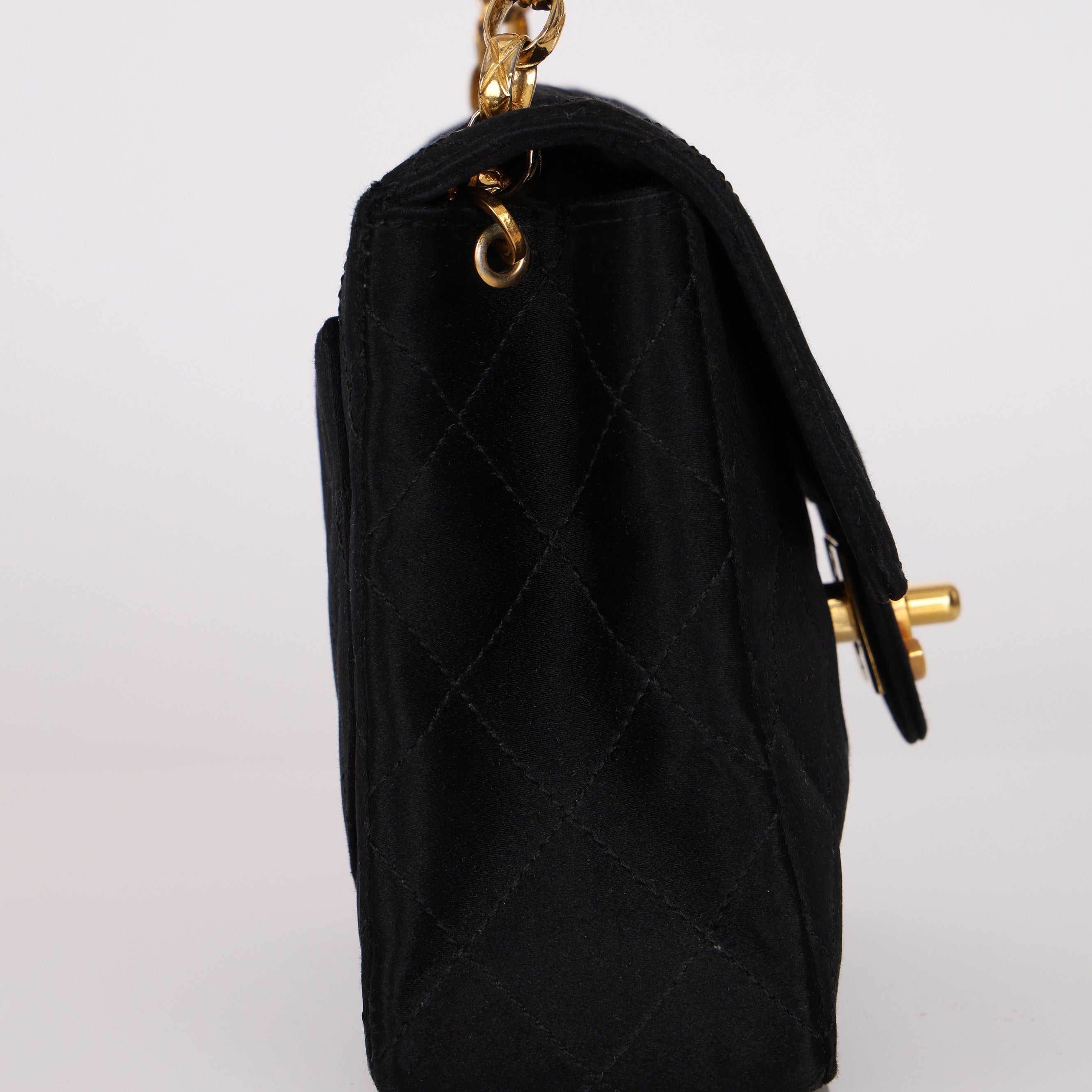 Rare Chanel Mini Square Flap Bijoux Chain Black Satin 1994 24K GP