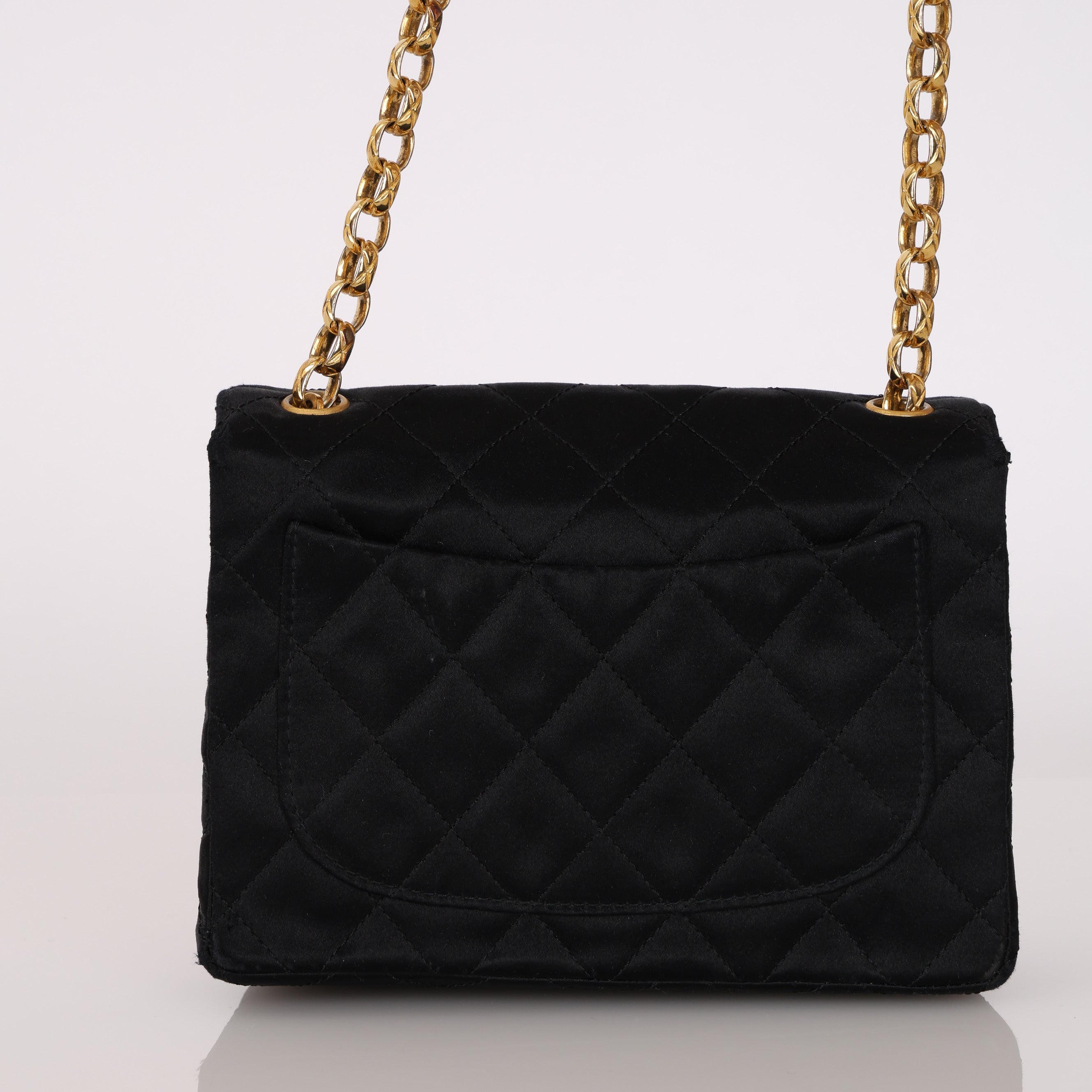 Rare Chanel Mini Square Flap Bijoux Chain Black Satin 1994 24K GP