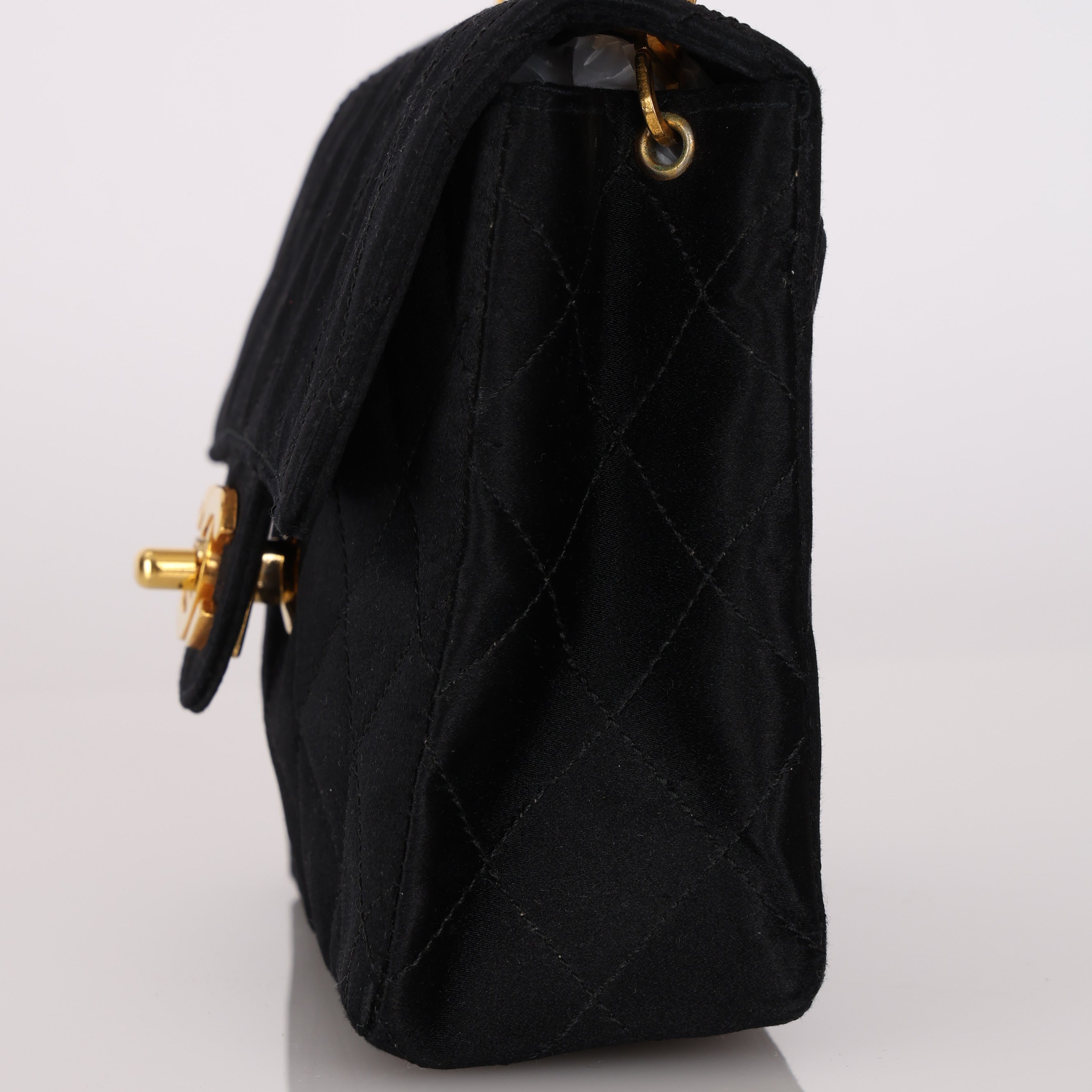 Rare Chanel Mini Square Flap Bijoux Chain Black Satin 1994 24K GP