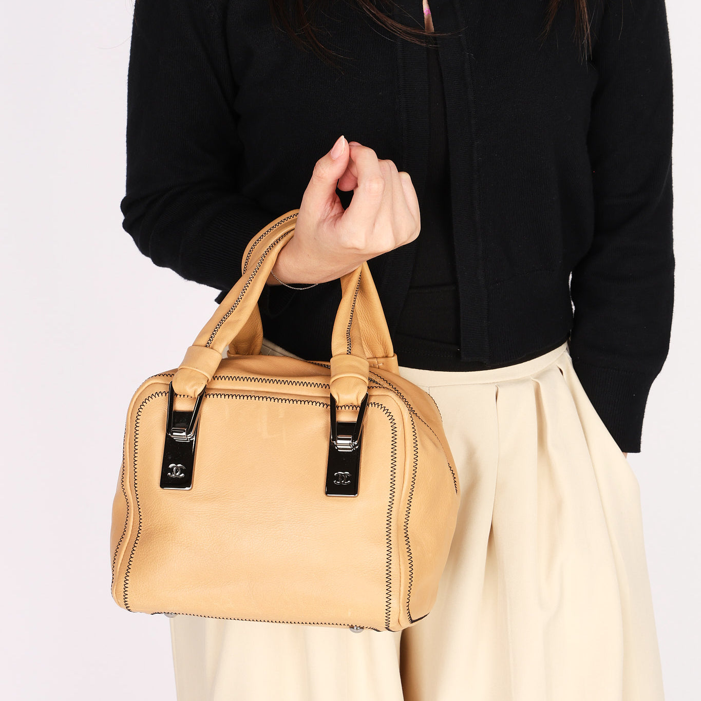 Chanel Stitched Bowler Bag Beige Calfskin DSHW