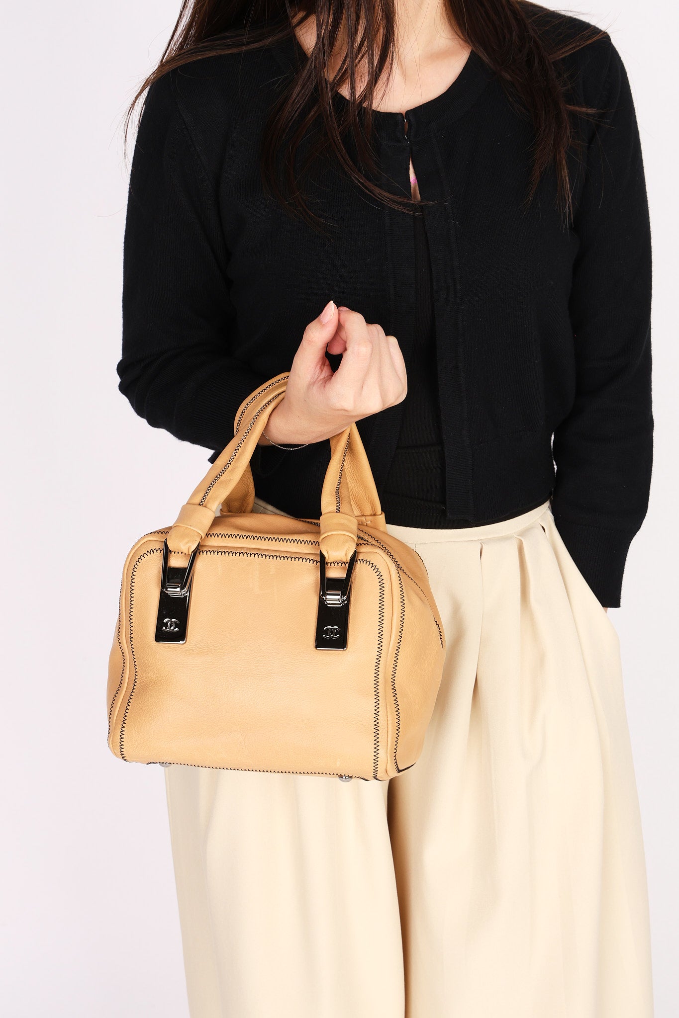 Chanel Stitched Bowler Bag Beige Calfskin DSHW