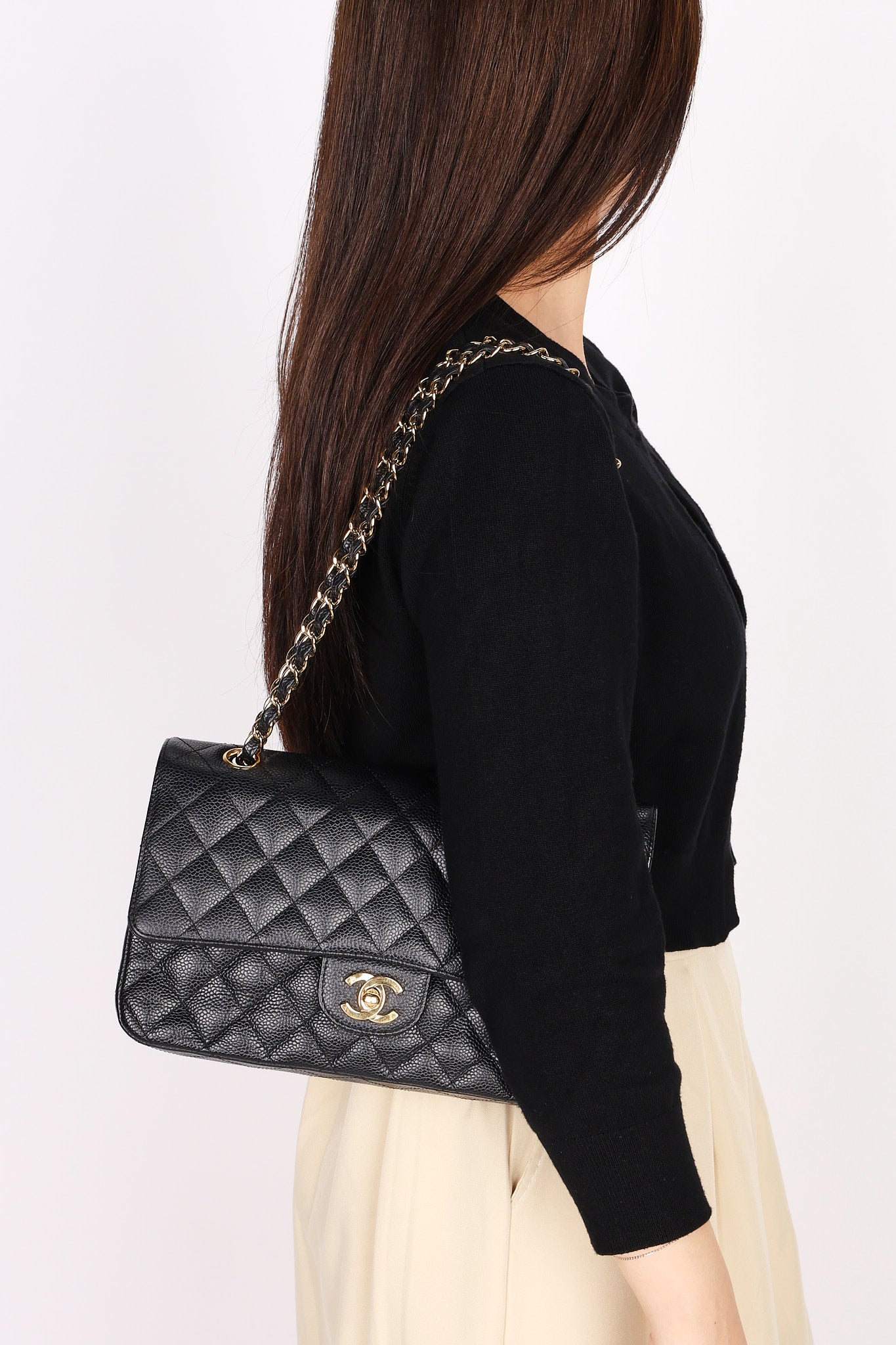 Chanel Medium Classic Double Flap Black Caviar 24K GP
