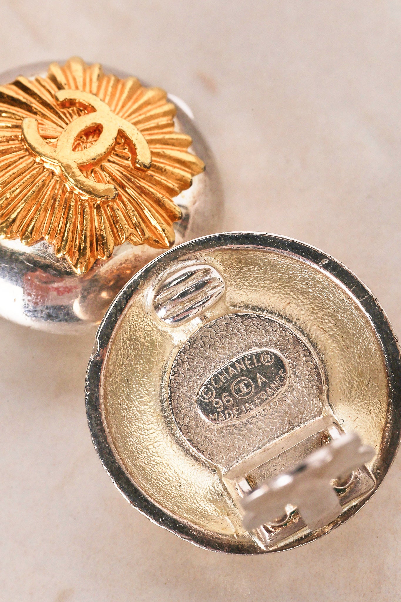 Chanel 1996 CC Sunburst Clip-On Earrings 24K GP