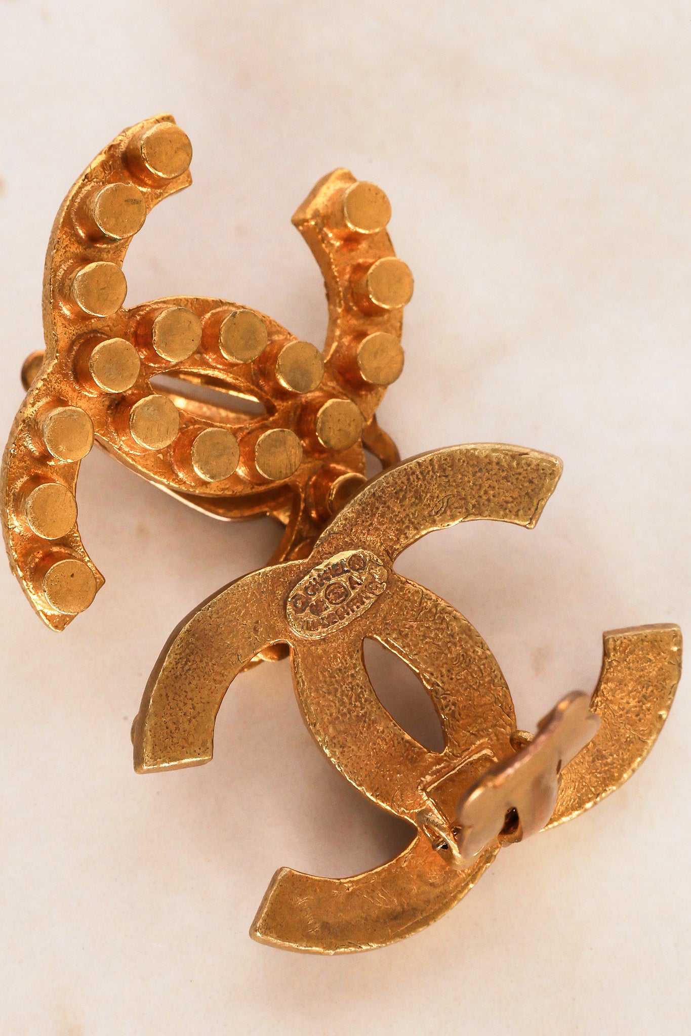 Vintage Chanel 2002 CC Clip-On Aged Earrings 24K GP