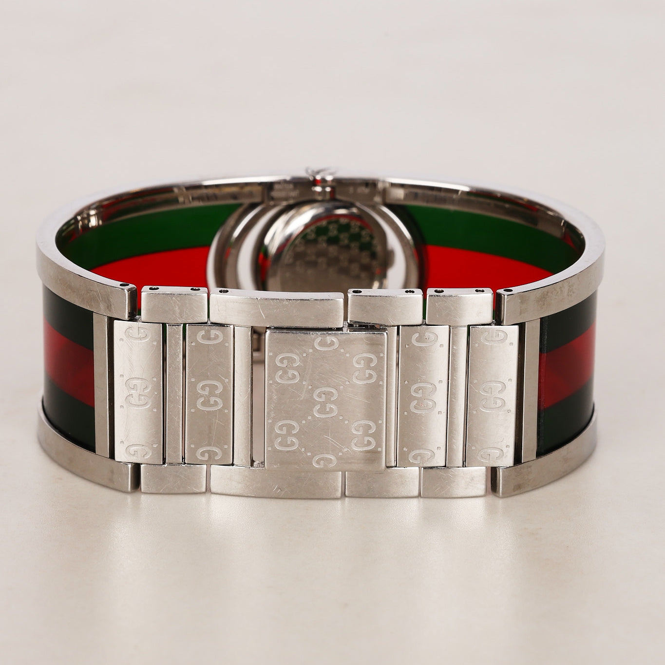 Gucci Twirl Bangle Quartz Watch - Silver-Tone, Red/Green Web Bezel 16mm