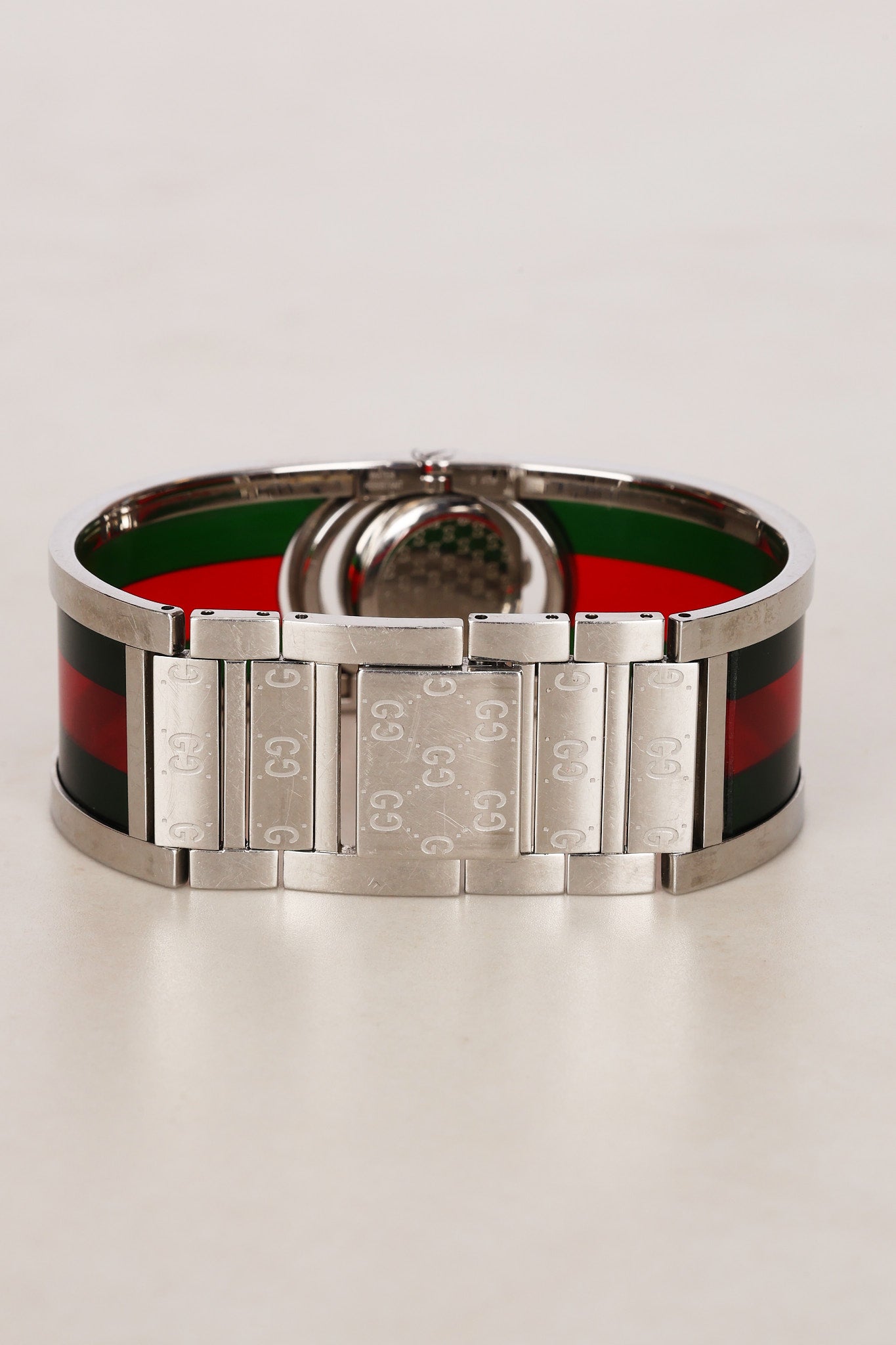 Gucci Twirl Bangle Quartz Watch - Silver-Tone, Red/Green Web Bezel 16mm