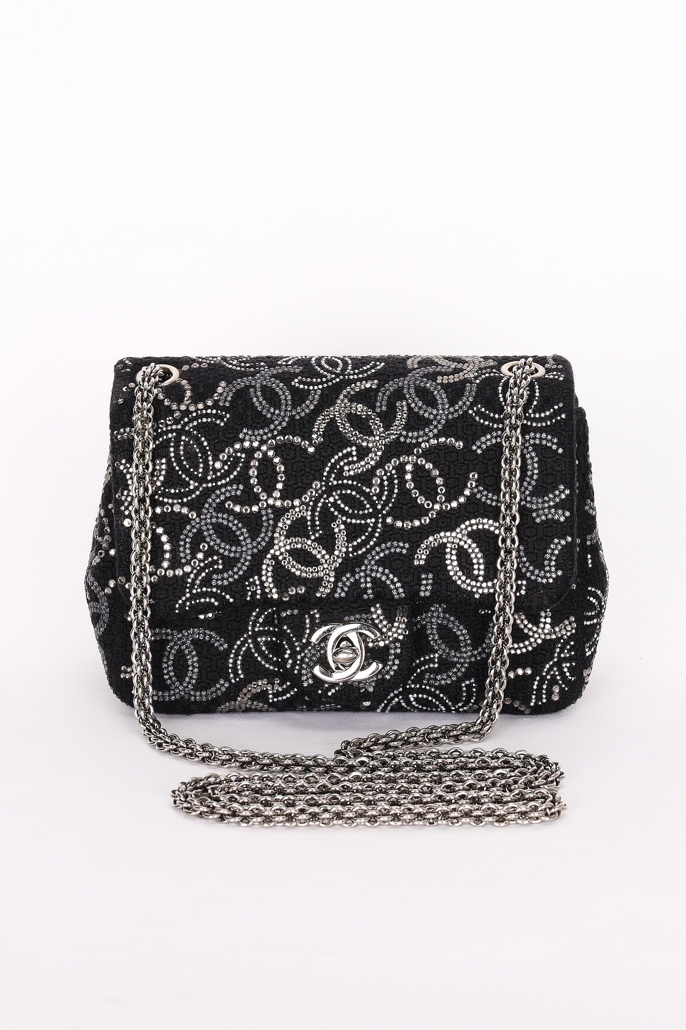 Chanel Mini Chain Flap - Black CC-Logo Embellished Sequin/Tweed