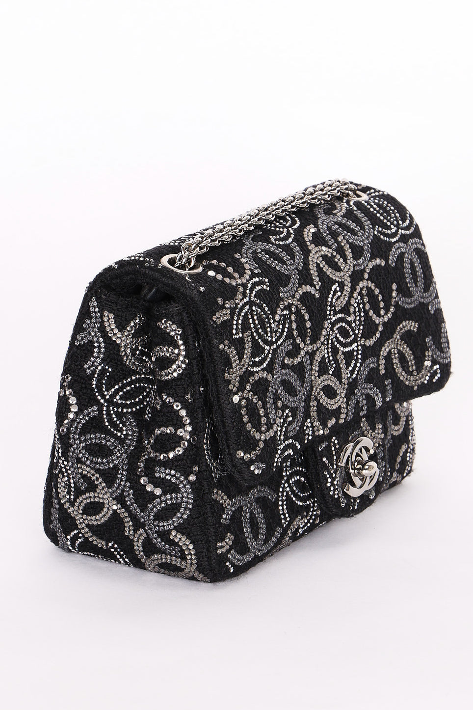 Chanel Mini Chain Flap - Black CC-Logo Embellished Sequin/Tweed