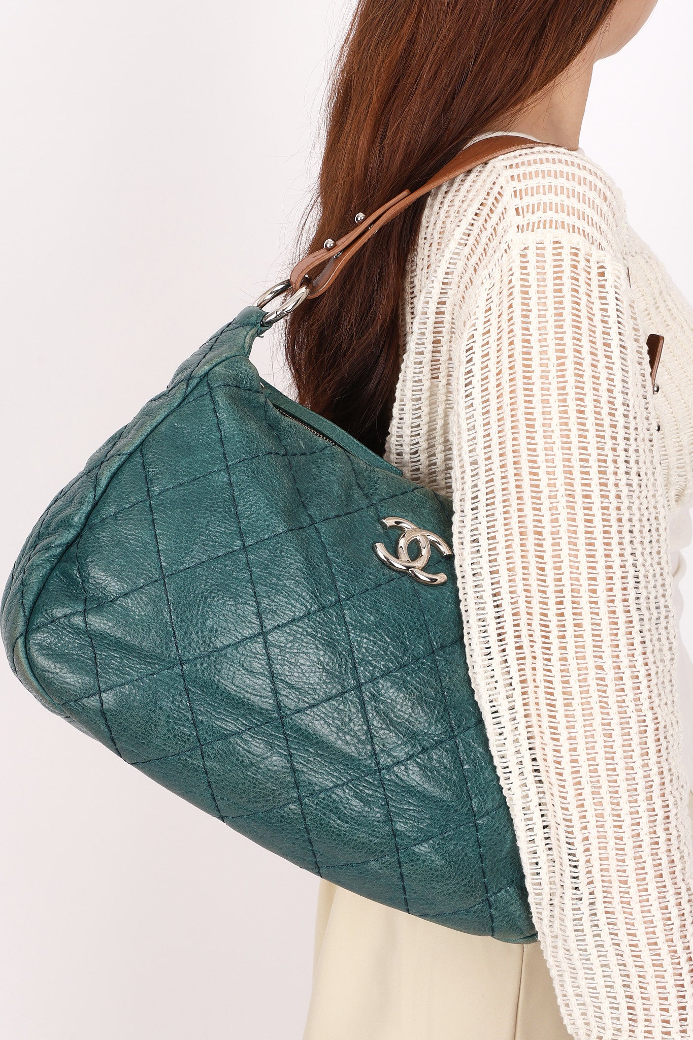 Chanel Shoulder Bag Teal Crinkled Calfskin SHW