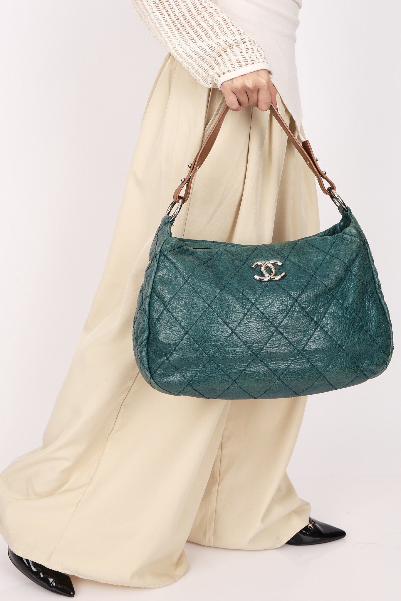 Chanel Shoulder Bag Teal Crinkled Calfskin SHW