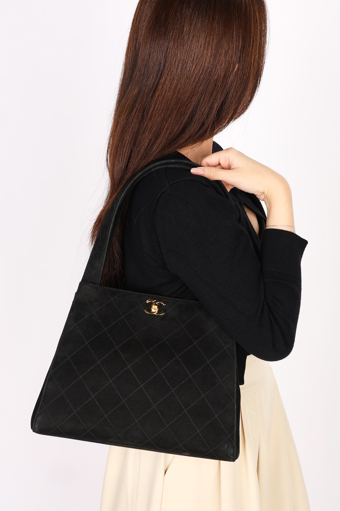 Chanel Kelly Shoulder Bag Black Suede 1998 24K GP
